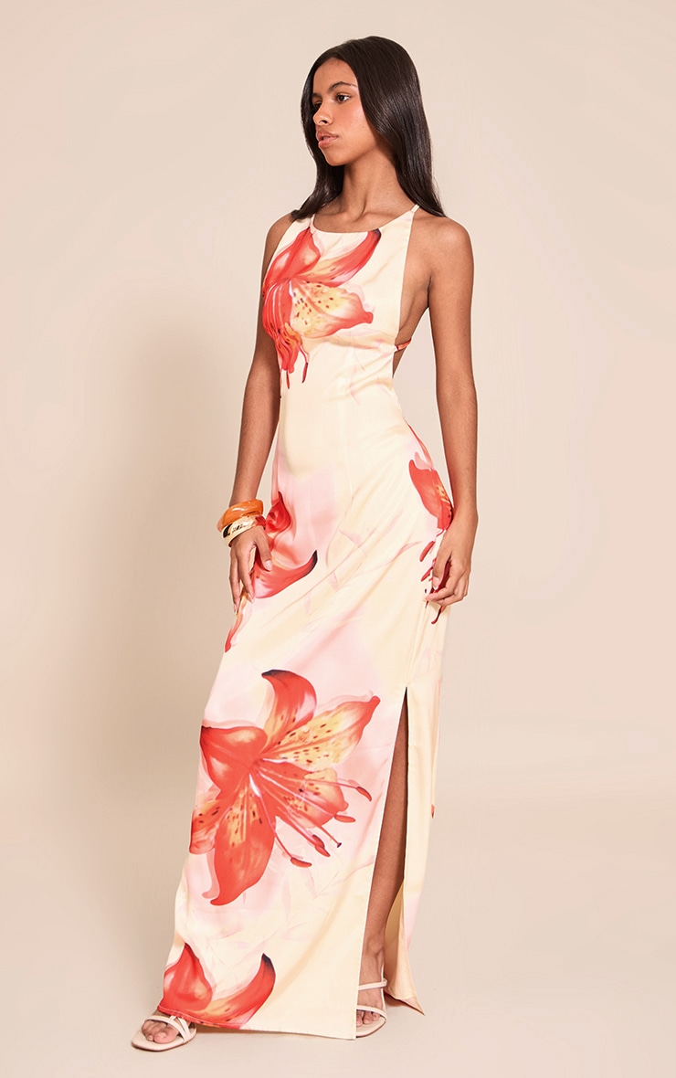 Petite Butter Cream Floral Strappy Open Back Maxi Dress image 3