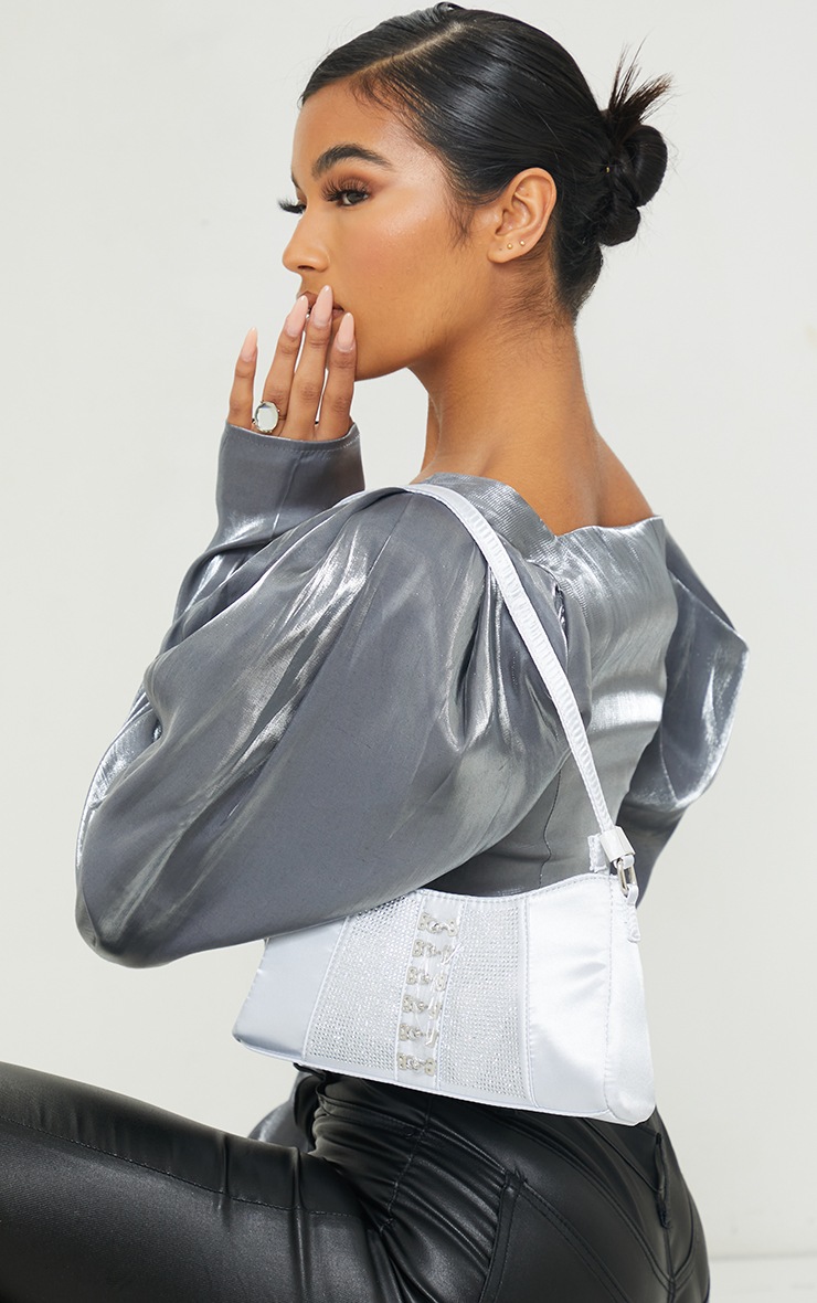 Silver Diamante Buckle Front Shoulder Bag
