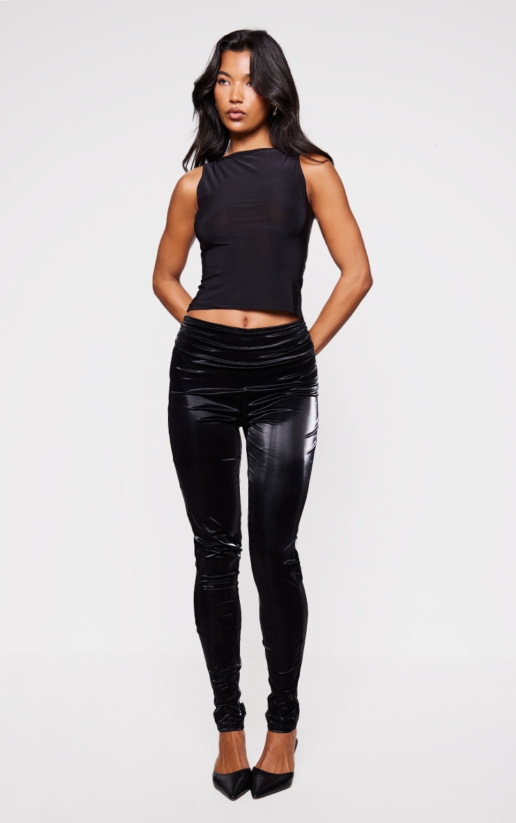 Black Matte Vinyl Low Rise Fold Over Waist Pants image 1