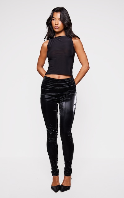 Pantalon en vinyle noir mat à taille basse repliée