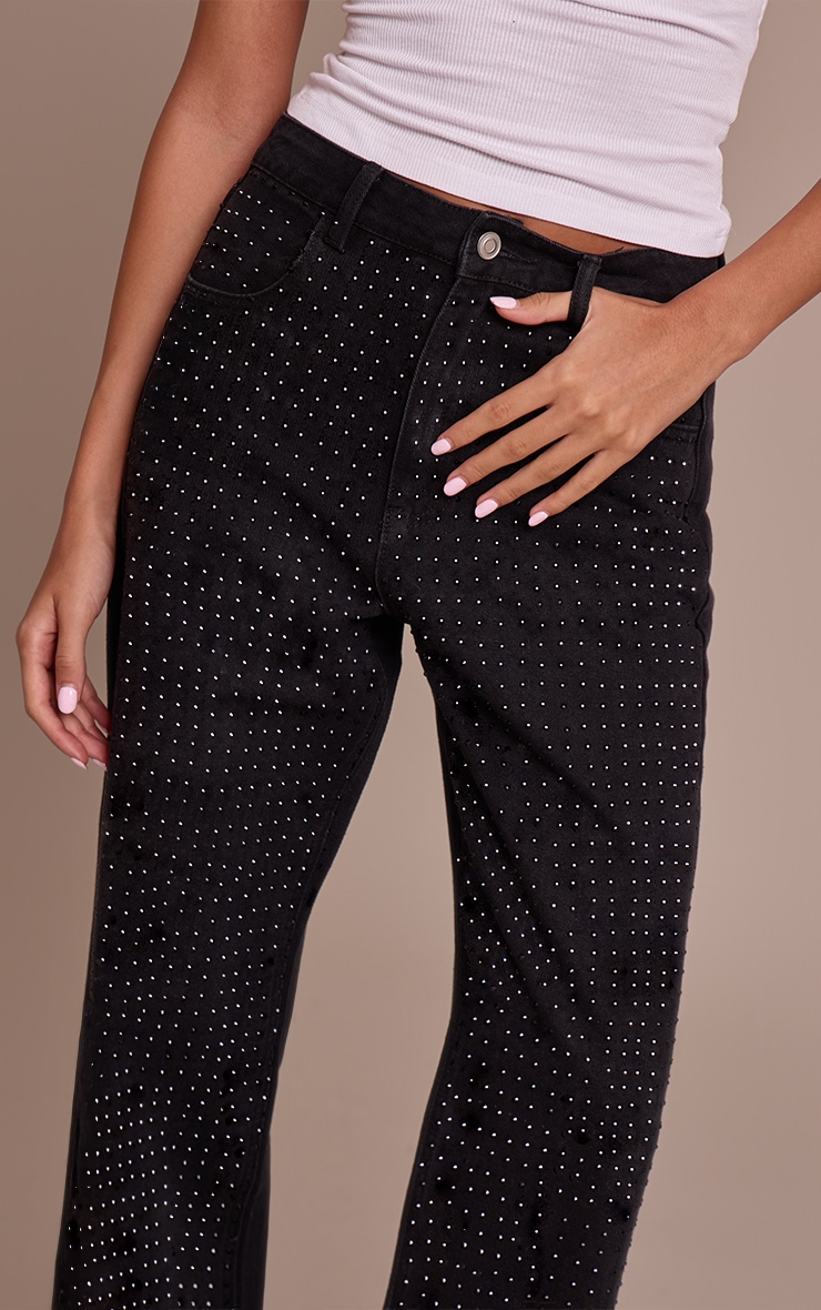 Black High Waist Diamante Straight Leg Denim Jeans image 4