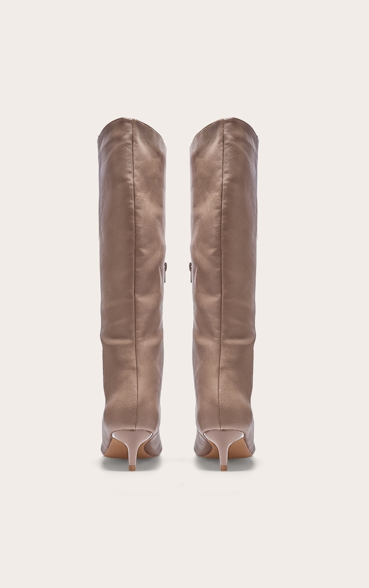 Mushroom PU Point Toe Low Stiletto Knee High Heeled Boots image 3