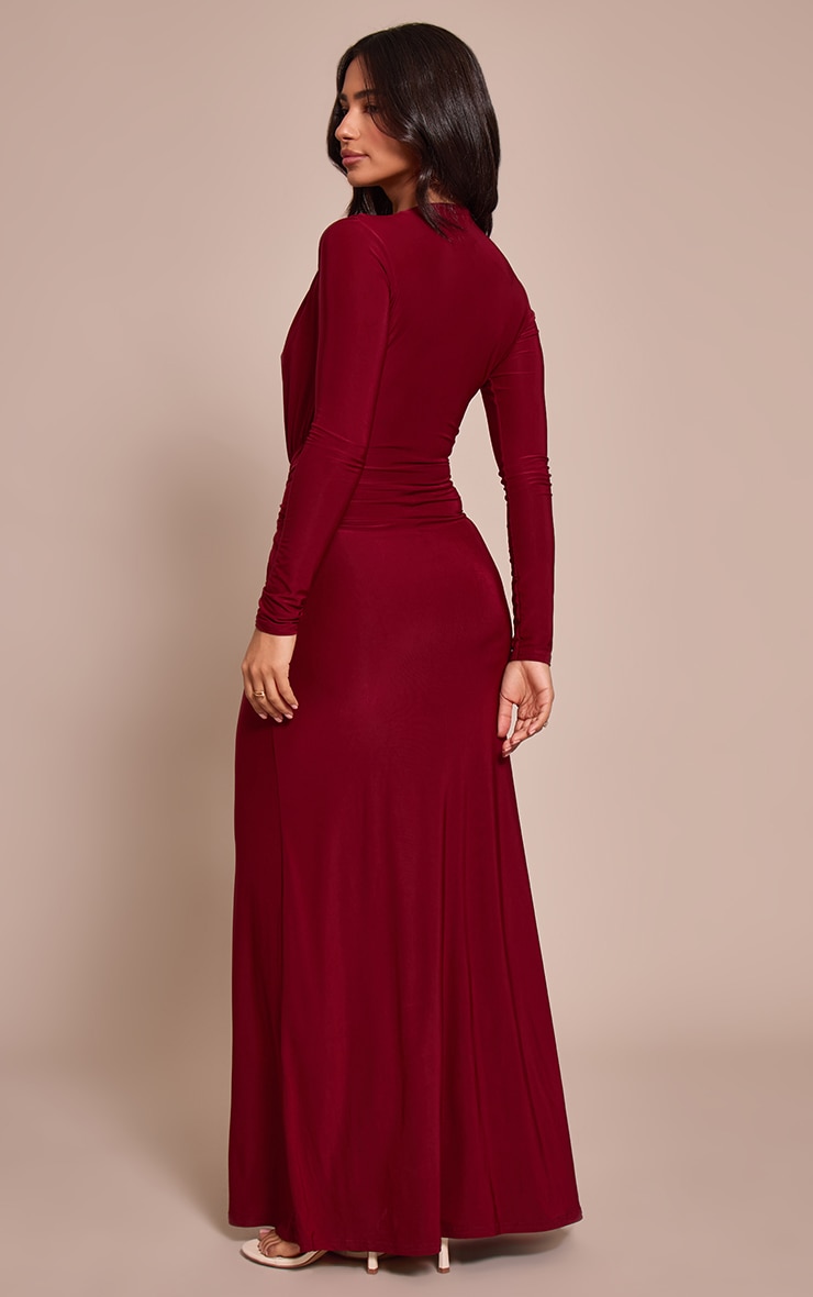 Petite Burgundy Double Layer Slinky Long Sleeve Ruched Tie Front Maxi Dress image 2