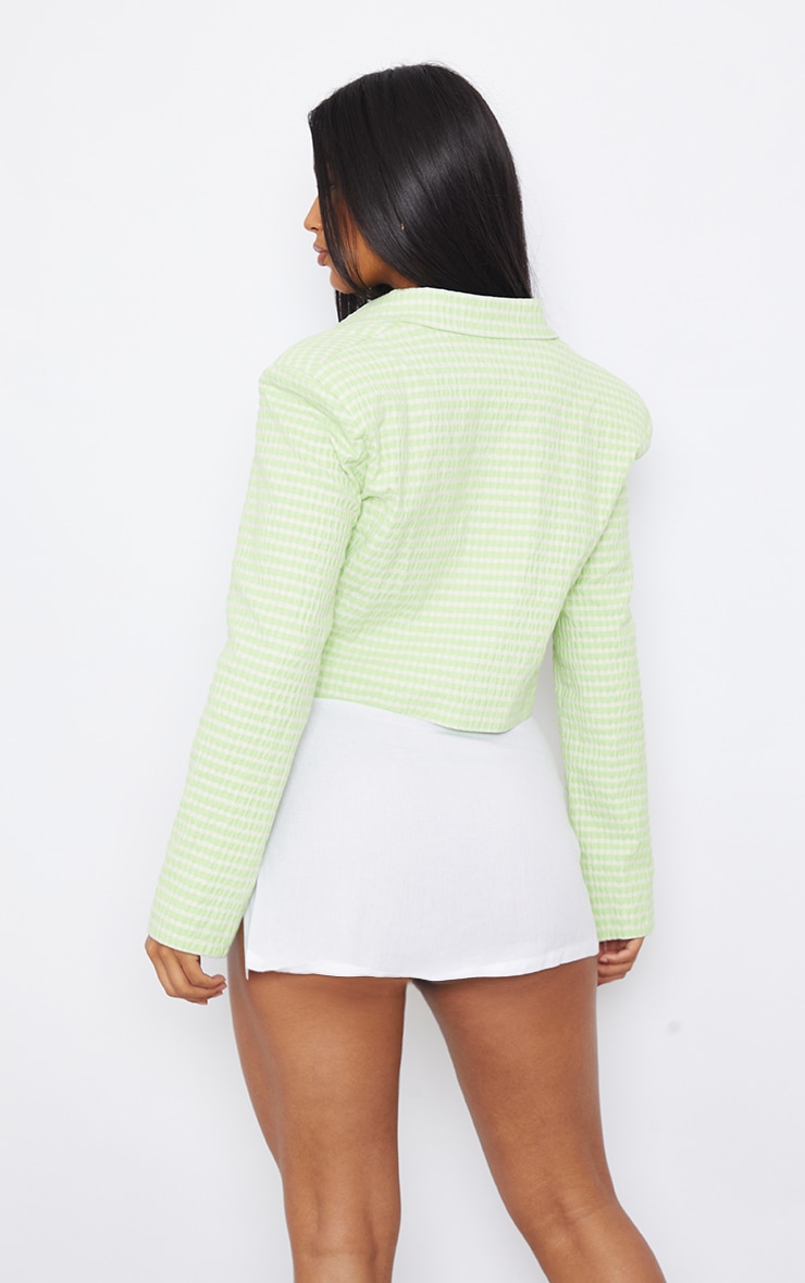 Green Boxy Cropped Gingham Blazer image 2