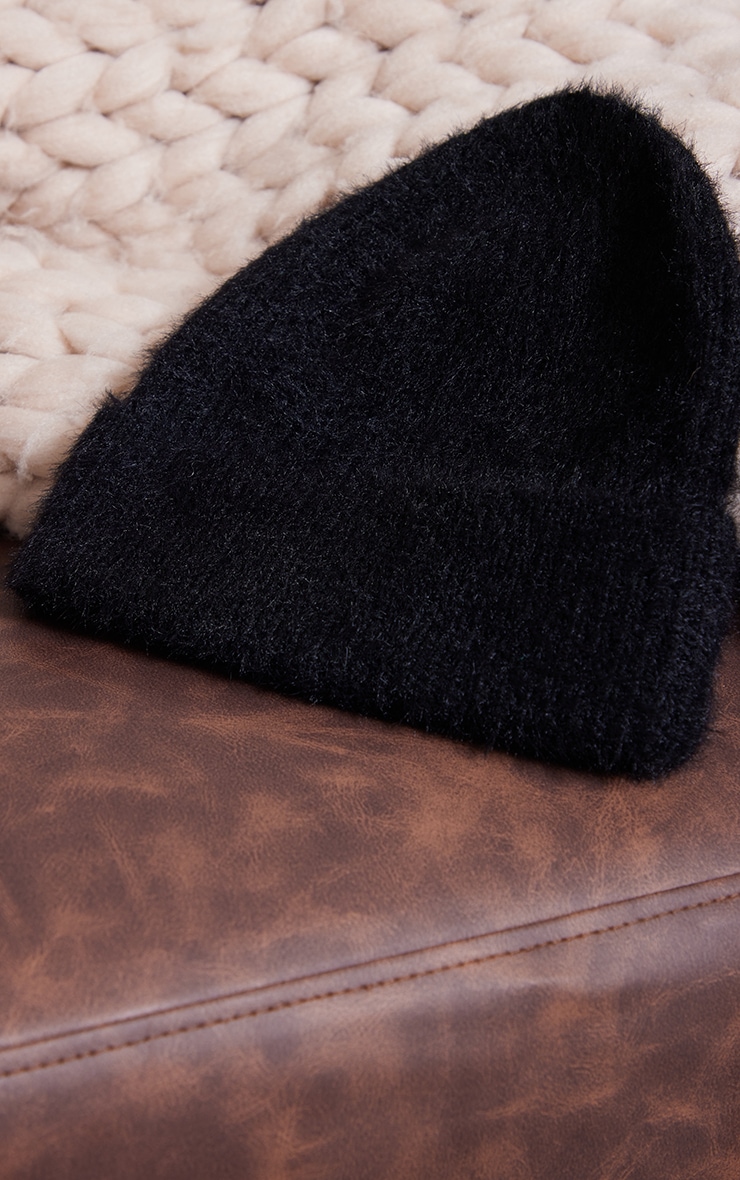 Black Soft Knit Eyelash Yarn Beanie image 3