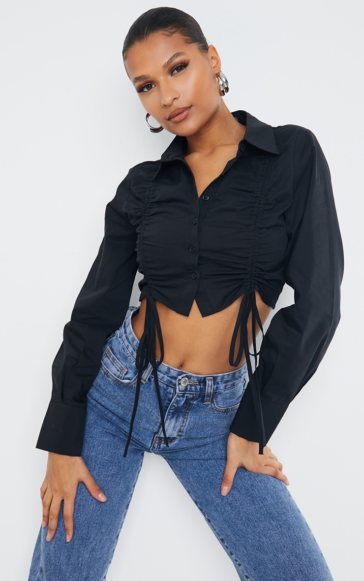 Black Cotton Ruched Drawstring Crop Shirt | PrettyLittleThing USA
