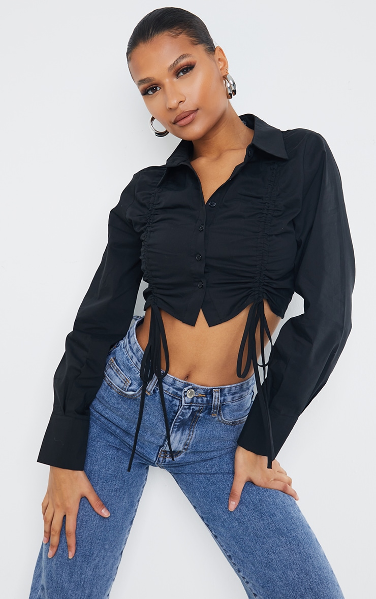 Black Cotton Ruched Drawstring Crop Shirt