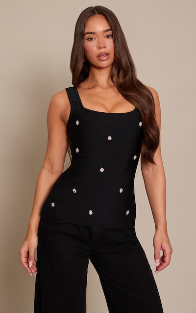 Black Bandage Embellished Square Neck Top