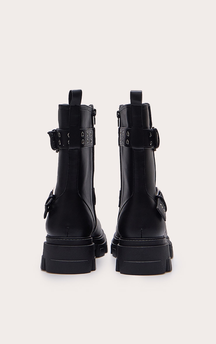 Black Wide Fit PU Chunky Sole Buckle Ankle Boots image 3