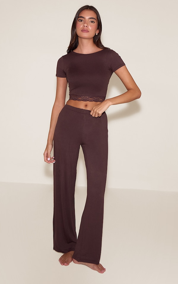 Chocolate Brown Jersey Lace Trim Long PJ Set