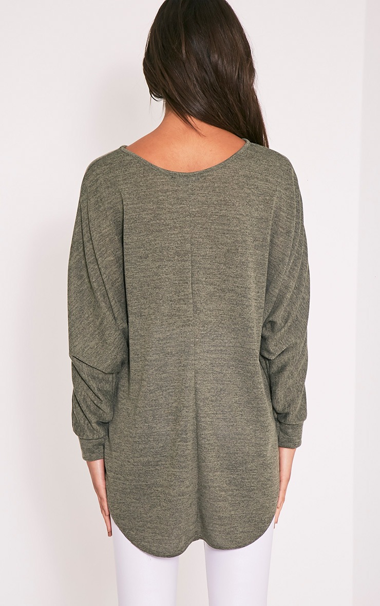 Alianie Khaki Batwing Curved Hem Jumper Knitwear PrettylittleThing PrettyLittleThing