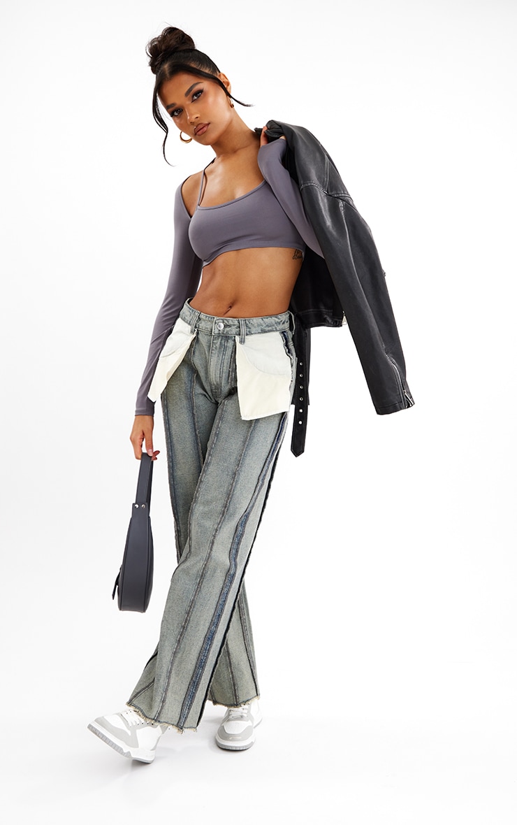 Grey Matte Slinky Cold Shoulder Crop Top image 3