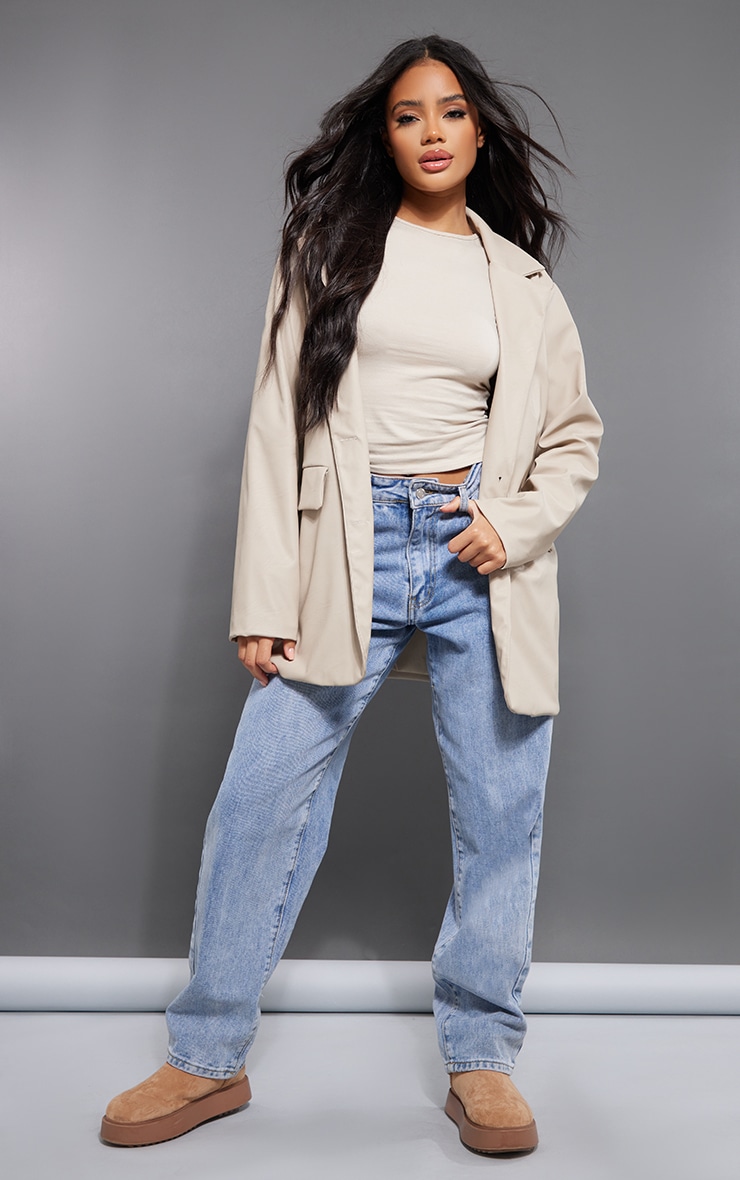 Beige Oversized Faux Leather Blazer
