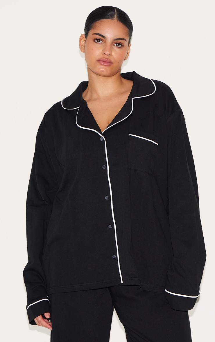 Plus Black Jersey Piping Detail Long Pj Set image 4