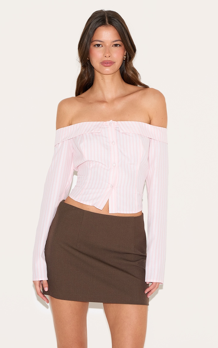 Pink Striped Bardot Peach Skin Shirt image 1
