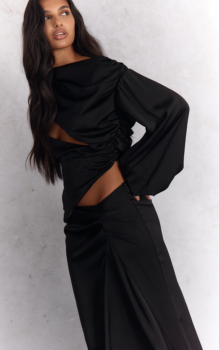 Black Satin Dipped Waist Maxi Skirt image 4