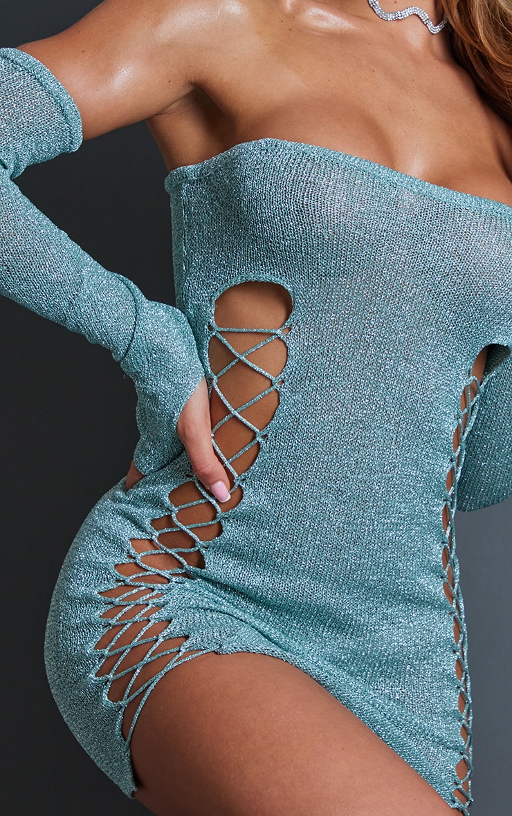 Aqua Glitter Knit Lace Up Mini Dress & Sleeves image 4