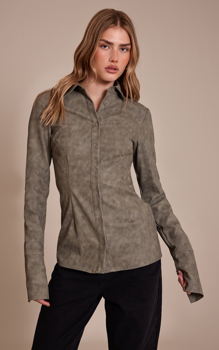 Olive Textured Faux Leather Fitted Shirt