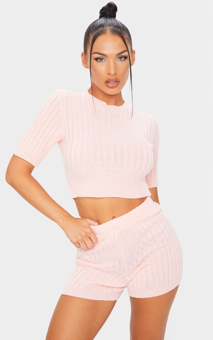 Peach Wide Rib Knitted Short Set
