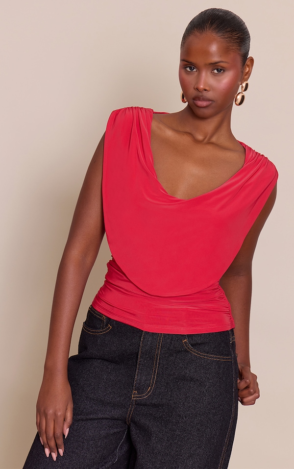 Red Double Layer Slinky Drapey Cowl Neck Top