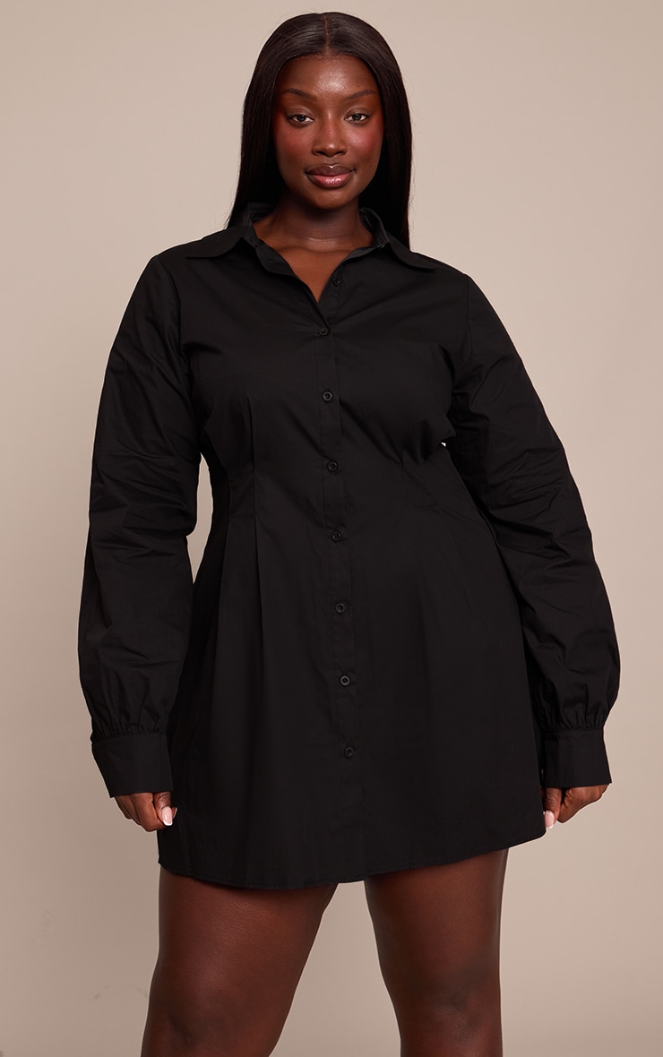 Plus Black Cotton Poplin Cinched Waist Shirt Dress image 1