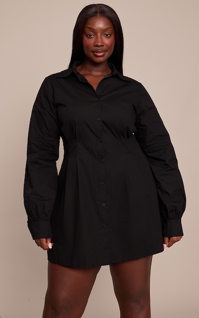 Plus Black Cotton Poplin Cinched Waist Shirt Dress