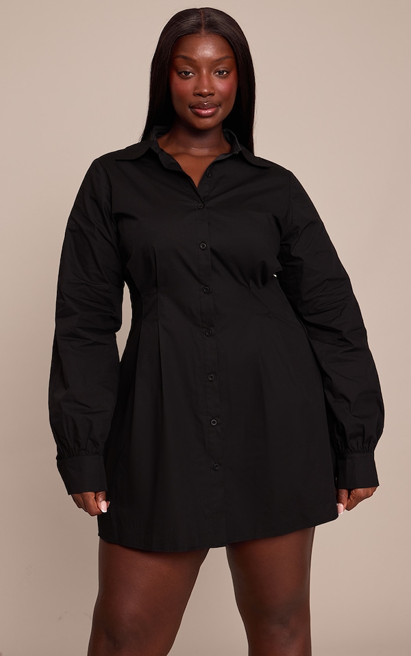 Plus Black Cotton Poplin Cinched Waist Shirt Dress