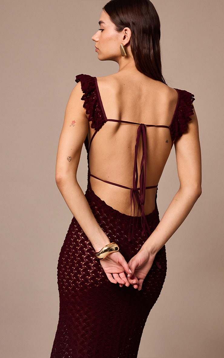 Wine Textured Frill Strap Maxi Dress image 4