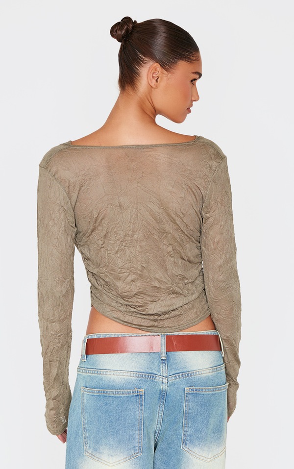 Olive Crushed Mesh Cowl Neck Long Sleeve Top image 1
