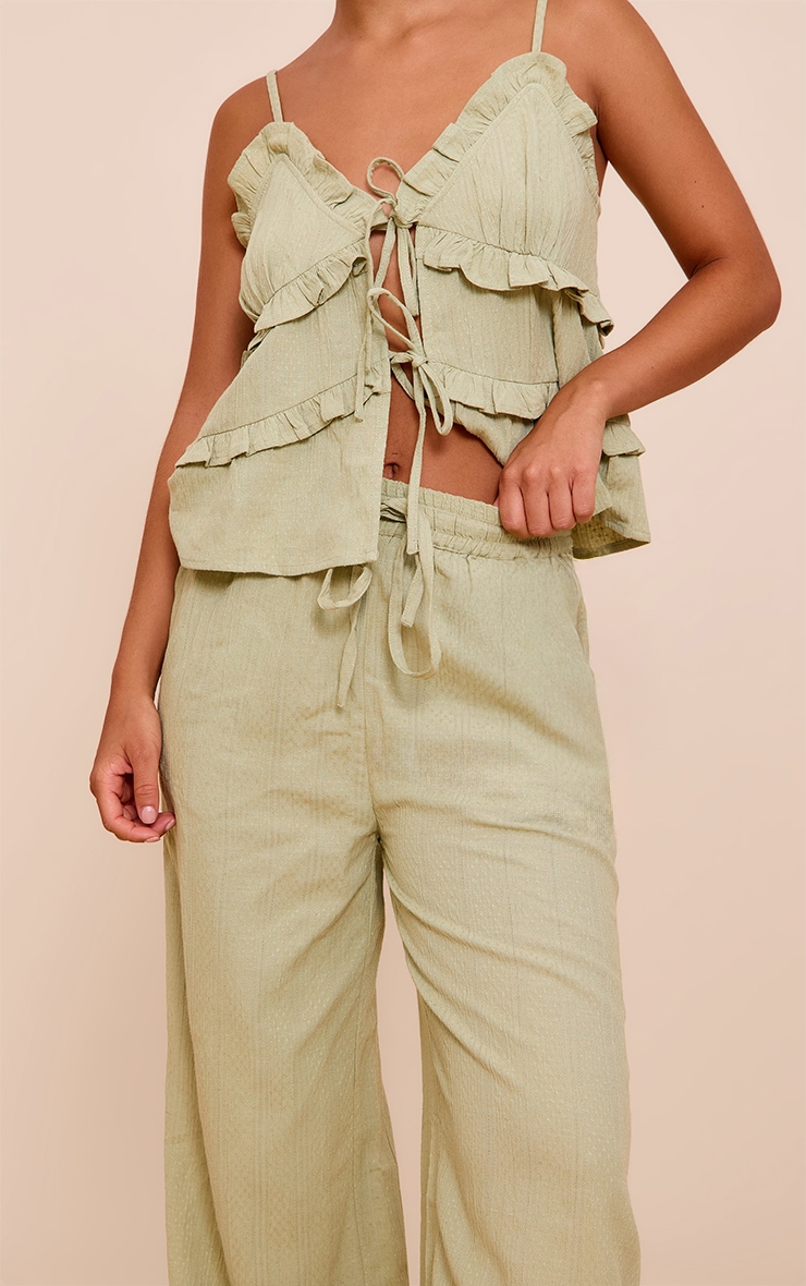 Sage Khaki Textured Mid Rise Wide Leg Pant image 2