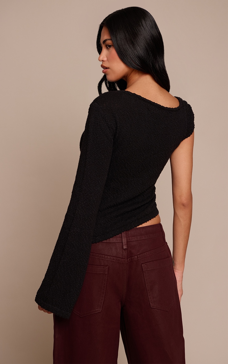 Black Bobble Knit Trim Detail One Shoulder Top image 2