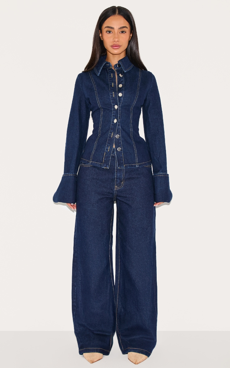 Petite Chemise ajustée en jean bleu indigo délavé à manches longues image 3
