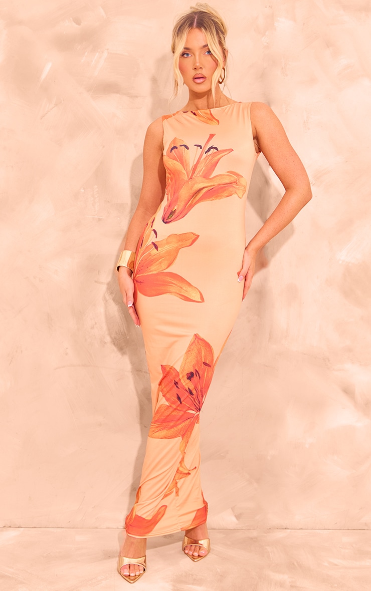 Bright Slinky Floral Printed Boatneck Midaxi Dress image 1