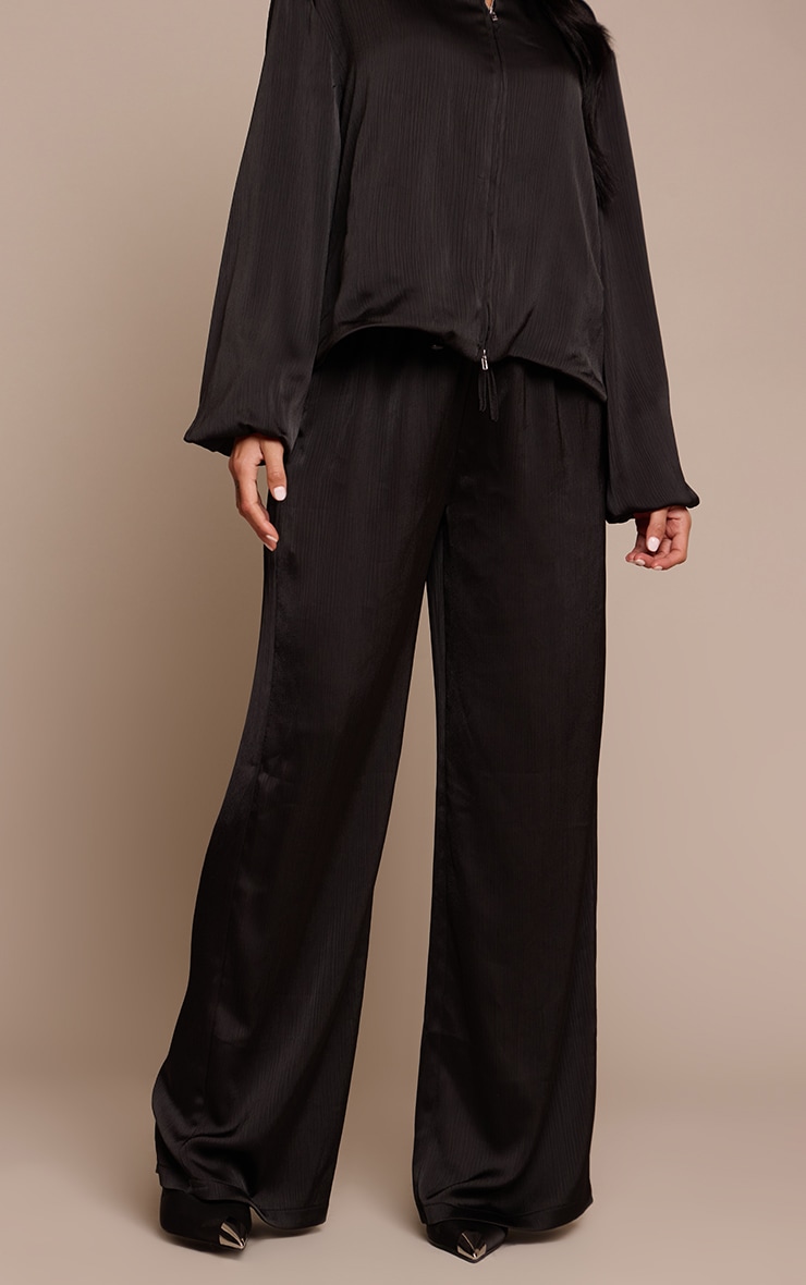 Black Textured Satin Drawstring Straight Leg Pant image 2