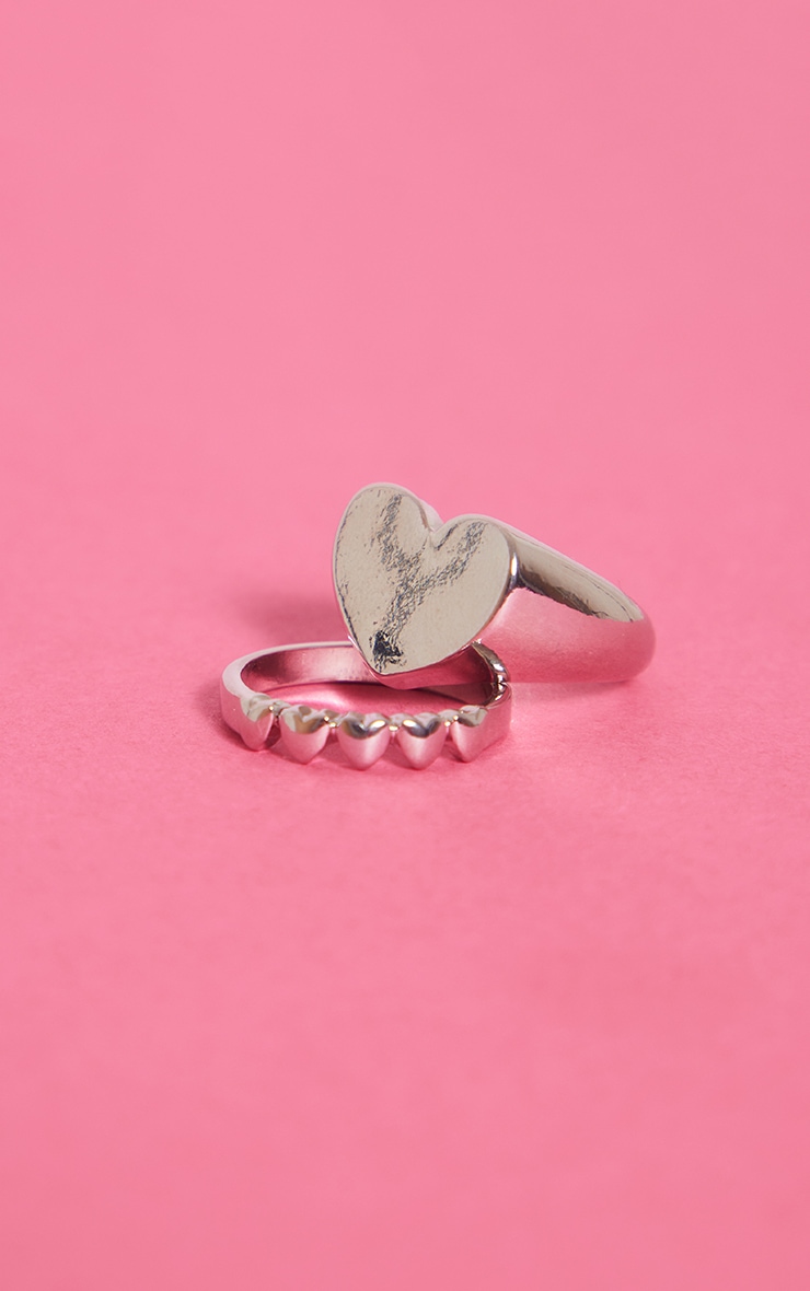 Chunky Silver Love Heart Ring Set PrettyLittleThing USA