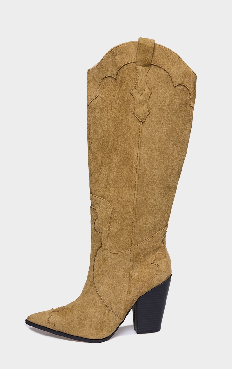 Taupe Wide Fit Faux Suede Point Toe Knee High Heeled Western Boots image 3