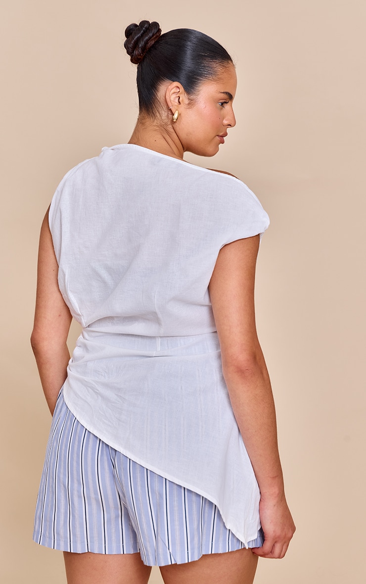Plus White Linen Slash Neck Asymmetric Sleeveless Top image 2