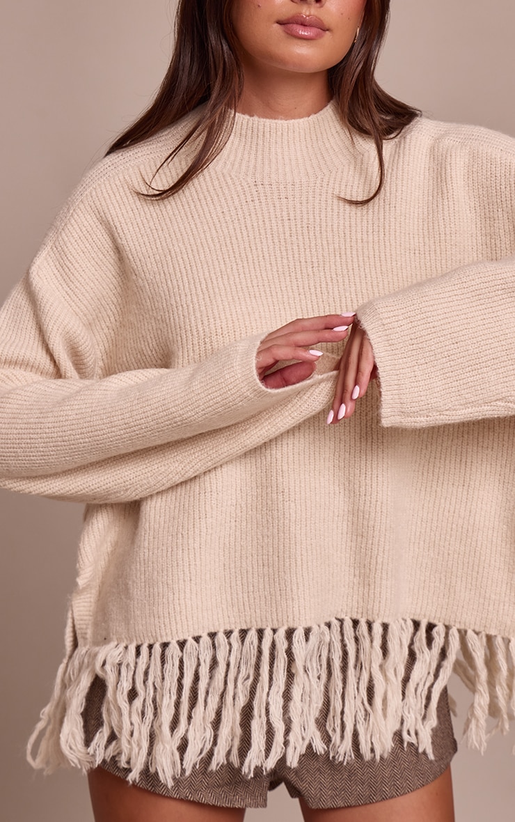 Beige Round Neck Fringe Hem Oversized Sweater image 4