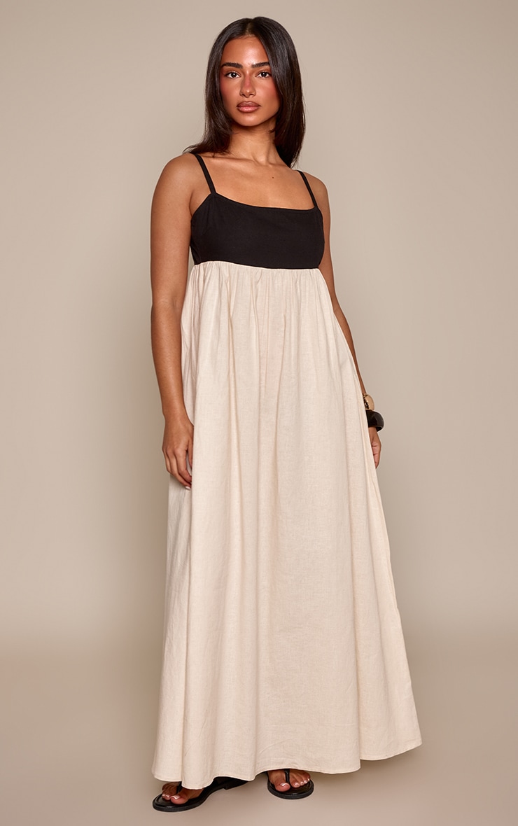 Petite Black Contrast Linen Look Strappy Maxi Dress