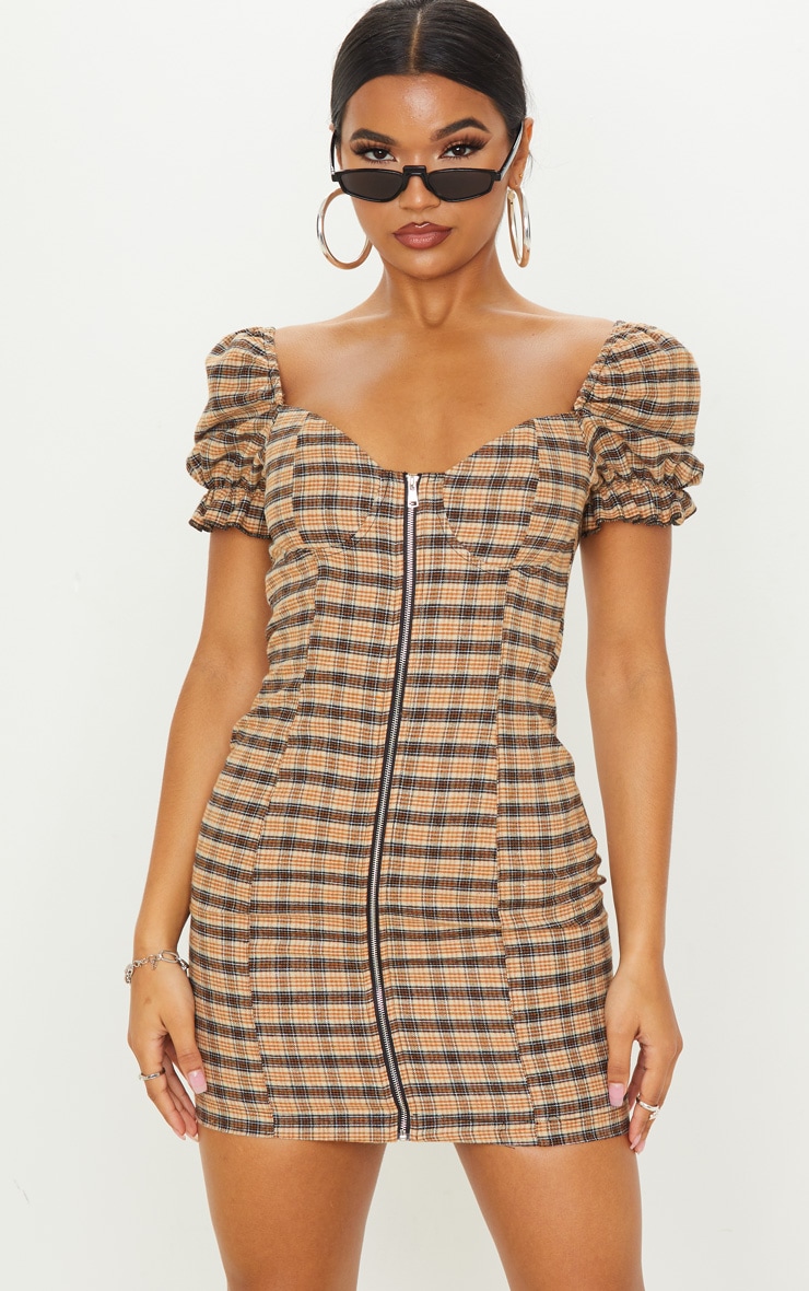 Beige Check Puff Sleeve Zip Front Shift Dress
