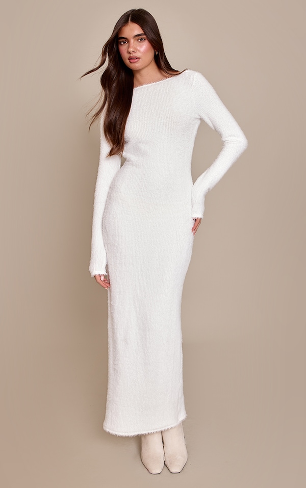 Cream Fluffy Scoop Back Maxi Dress