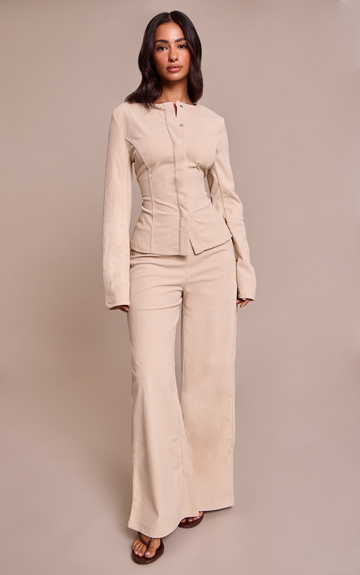 Petite Stone Round Neck Concealed Button Long Sleeve Cord Top image 3