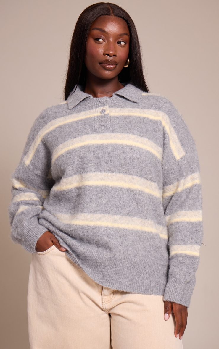 Plus Grey Striped Brushed Knit Oversized Rugby Style Sweater image 1