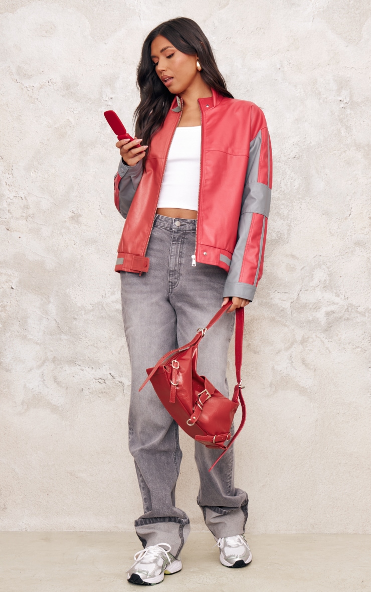 Red Contrast Color Block Oversized Jacket image 3