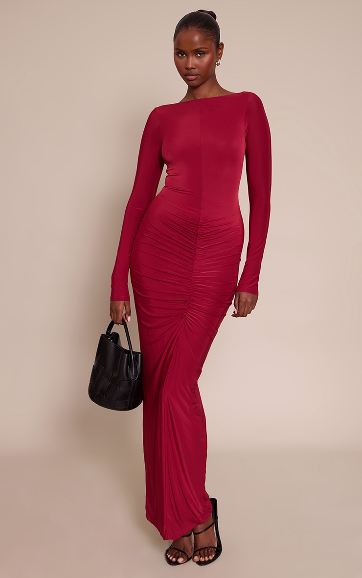 Wine Slinky Ruched Low Back Maxi Dress image 2