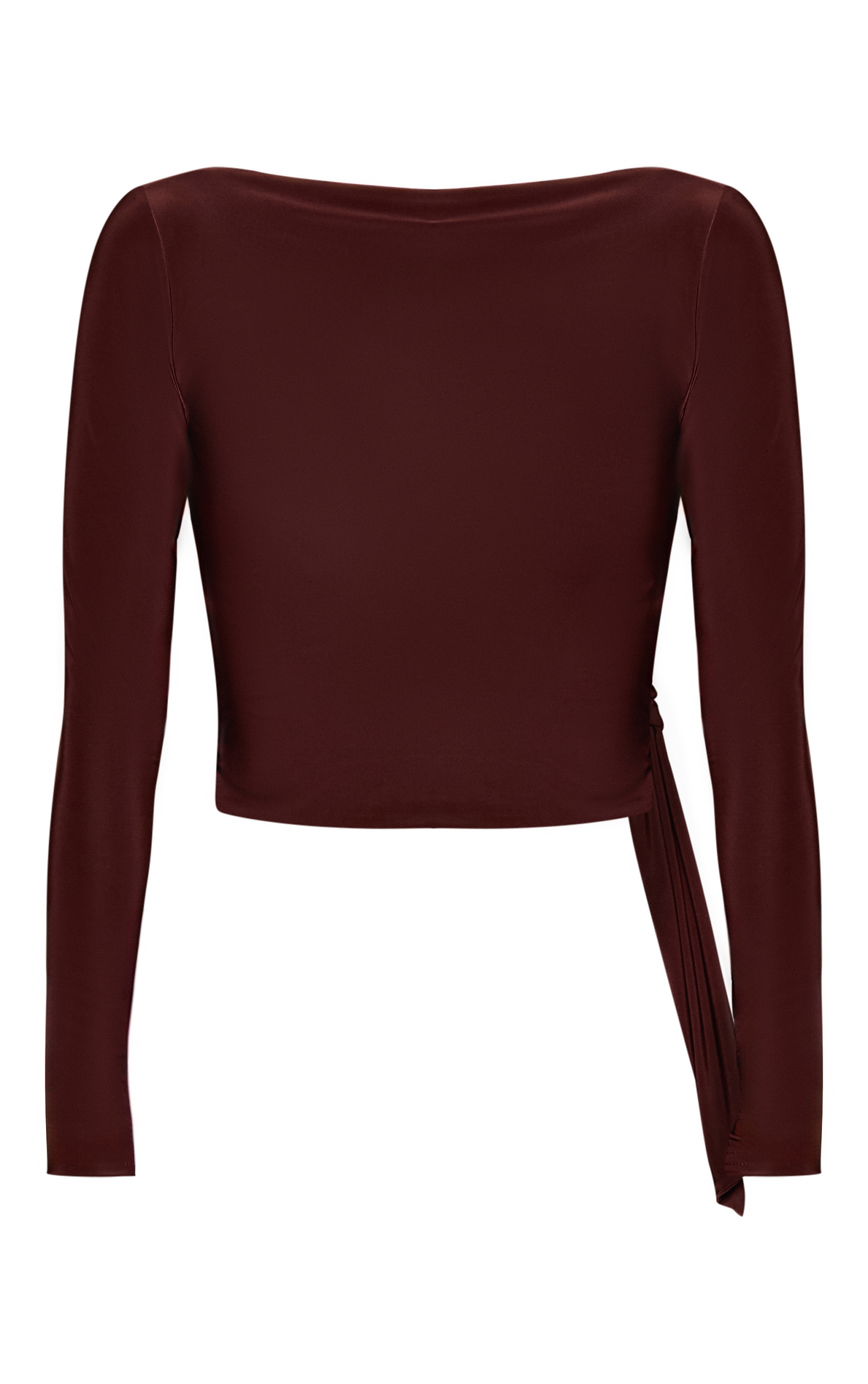 Chocolate Brown Slinky Draped Asymmetric Open Back Long Sleeve Top image 5