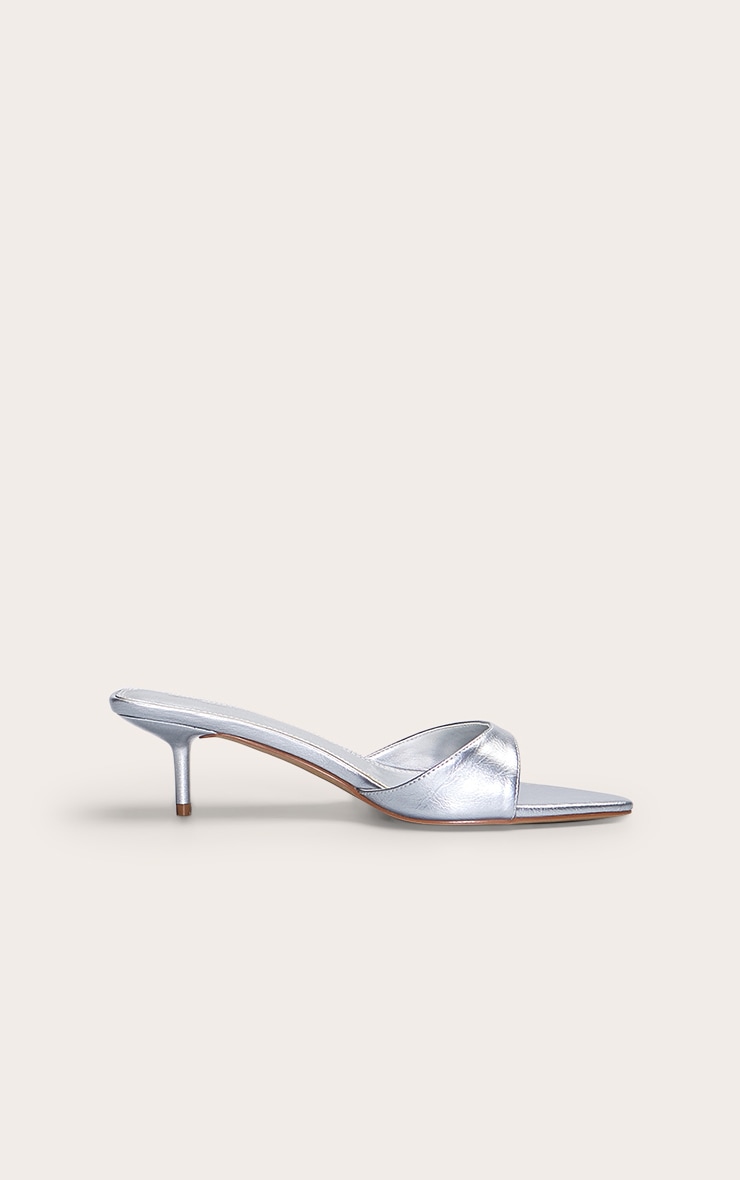 Silver Crinkle Point Toe Thin Strap Low Stiletto Heeled Mules image 2