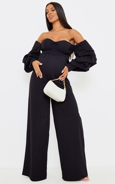 Maternité Combinaison de grossesse noire à col bardot et corset froncée devant