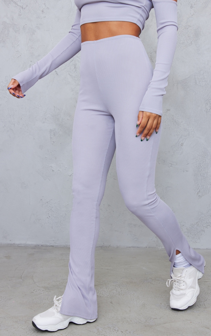 Light Grey Rib Split Hem Detail Mid Rise Leggings image 2