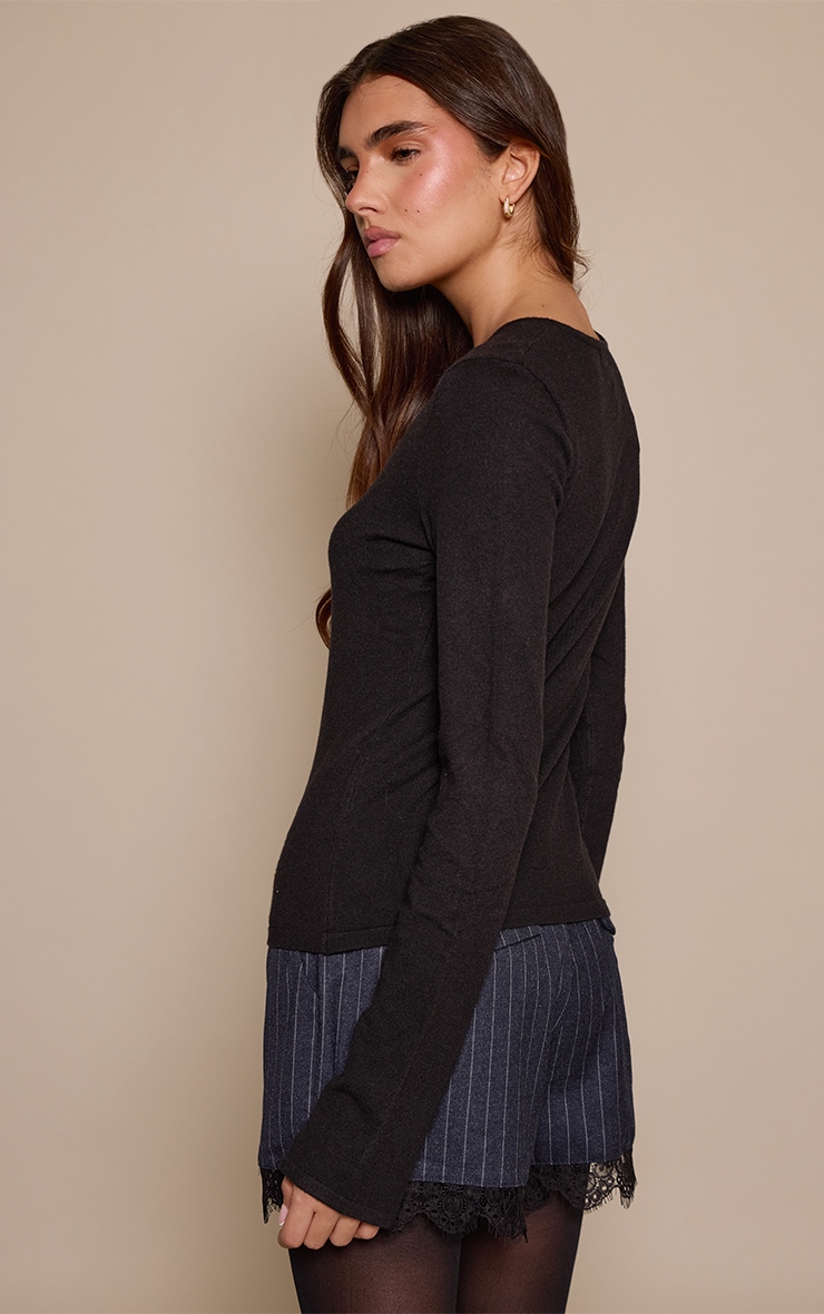 Navy Pinstripe Brushed Woven Lace Detail Shorts image 3